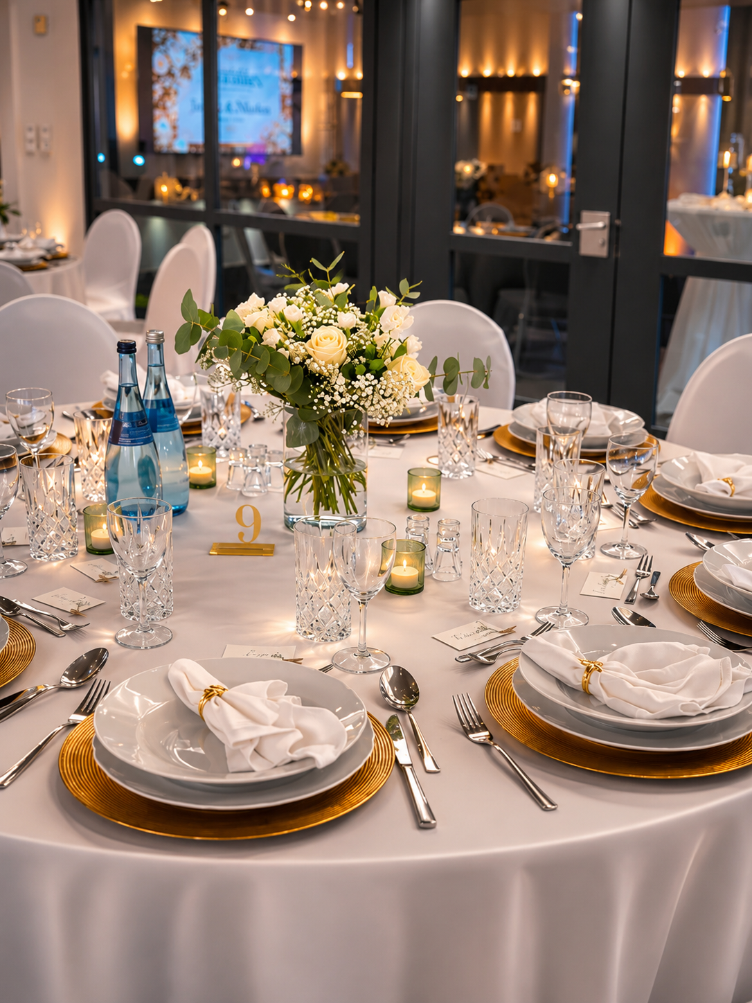 Standard gedeckter Hochzeitstisch mit Blumen-Centerpiece